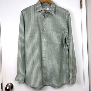 Uniqlo 100% Linen Women’s Shirt size L Pine Green/White Stripe Quiet Luxury